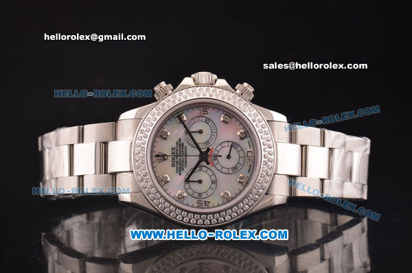 Rolex Daytona Swiss Valjoux 7750 Automatic Steel Case/Strap with Diamond Bezel and White MOP Dial - Click Image to Close